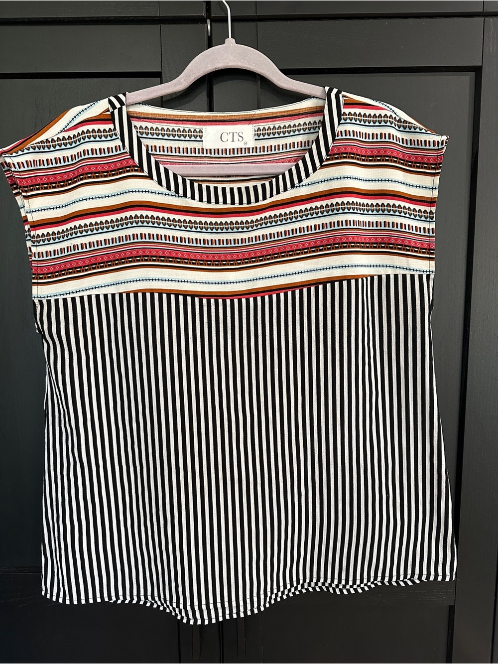 Striped Sleeveless Blouse in Black & White with Multicolor Yoke